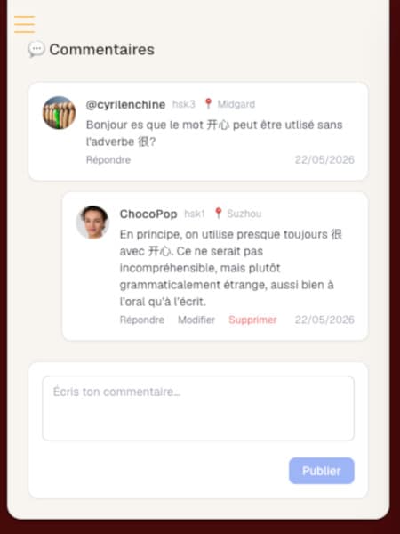 Commentaires sous chaque cours